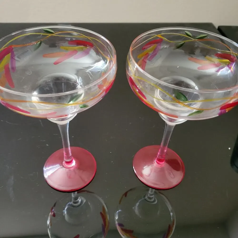 Margarita Glasses Etched Red Green Floral Leaf Design Hand Painted Nice Set of 2
